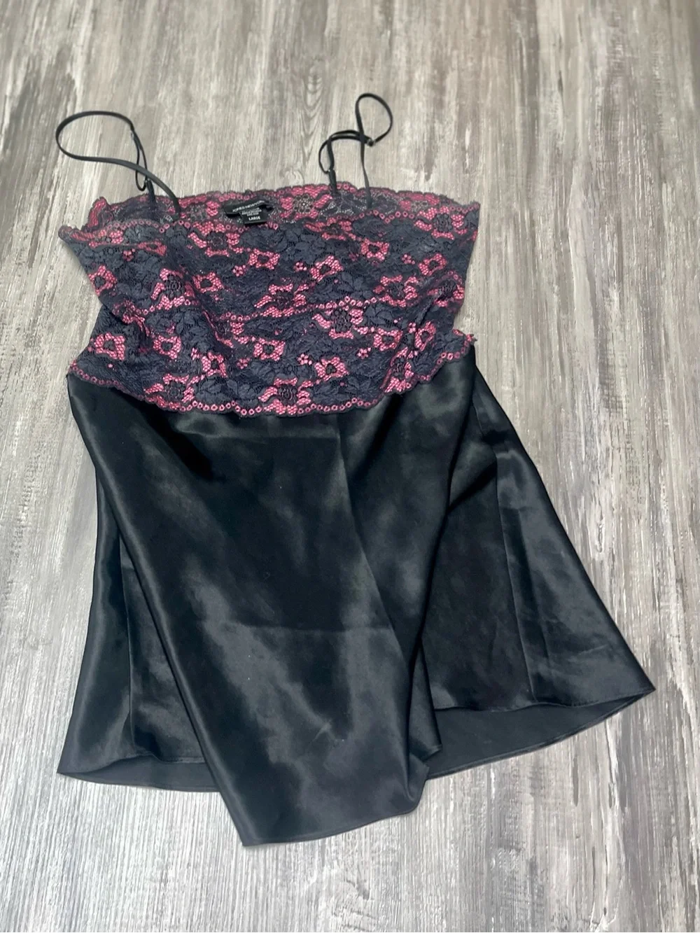 Jones New York Black Satin Slip with Romantic Pink Lace Overlay